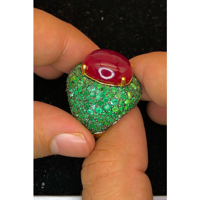 Ruby Red Bochic "Orient" Natural Emerald & Ruby Cocktail Ring Set In 18K Gold & Silver For Sale - Image 8 of 12