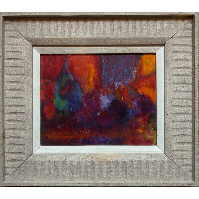 Vintage original abstract still life oil painting on Masonite. Features vibrant and bright oranges and reds with some...