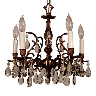 Vintage French Brass Art Nouveau 5 Arm 5 Lite Lead Crystal Chandelier For Sale