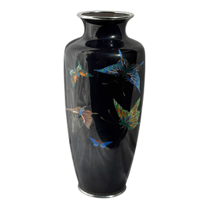 Japanese Cloisonne Vase Butterflies Black Ground 1920s-30s Manner of Ando