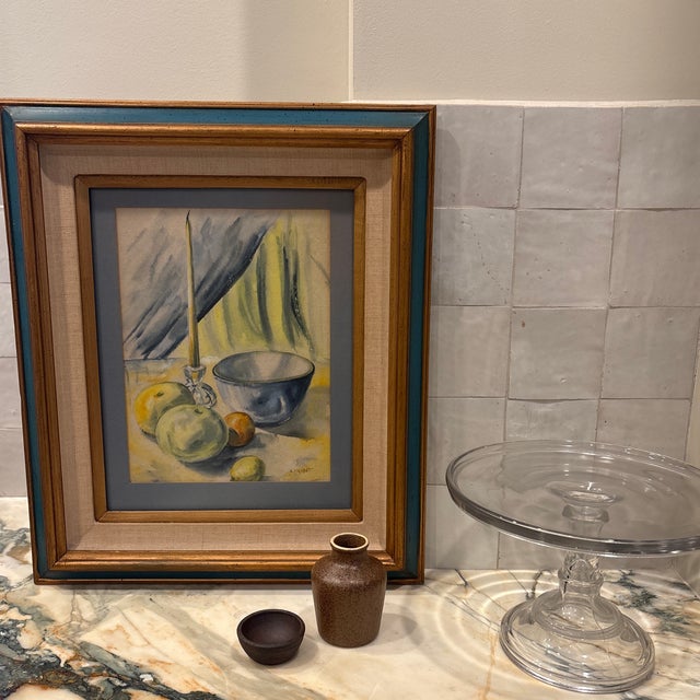 1980s Still Life Kitchen Watercolor Fruit, Candlestick Painting Framed For Sale - Image 12 of 12