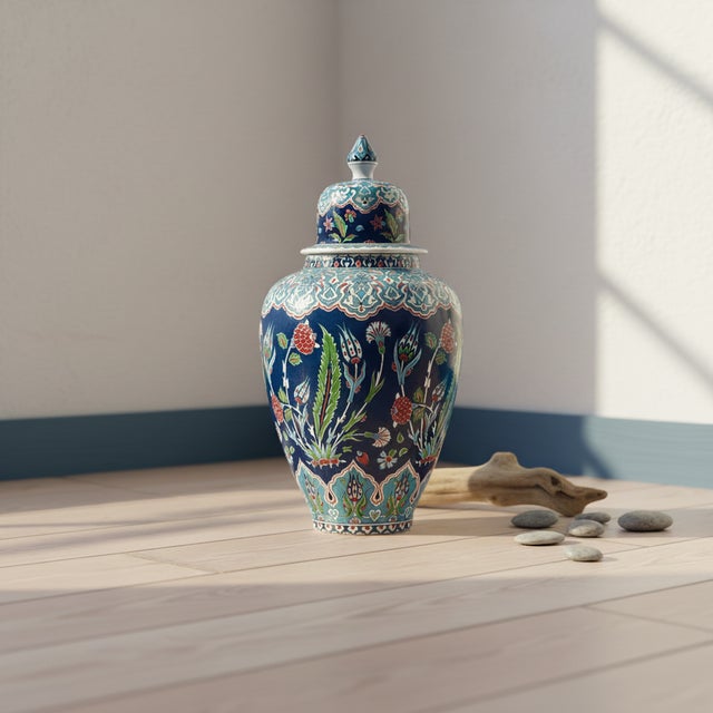 Handmade Ceramic Grand Shah Vase with Lid (60cm) Dark Blue Saz Leaf and Carnation For Sale - Image 4 of 7