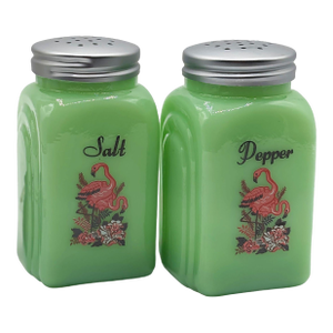 Mid-Century Jadeite Green Glass Pink Flamingos Salt and Pepper Set