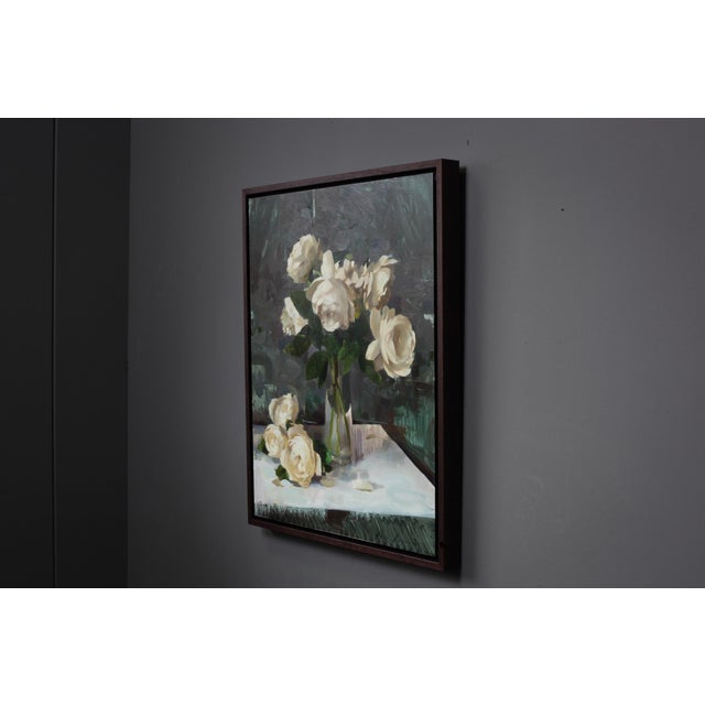 Gray Contemporary Roses on Grey by Jon Doran | Oil on Panel White Roses in Glass Still Life For Sale - Image 8 of 10