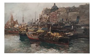 Ezelino Briante, Vue sur un port animé, Oil on Wood, Framed