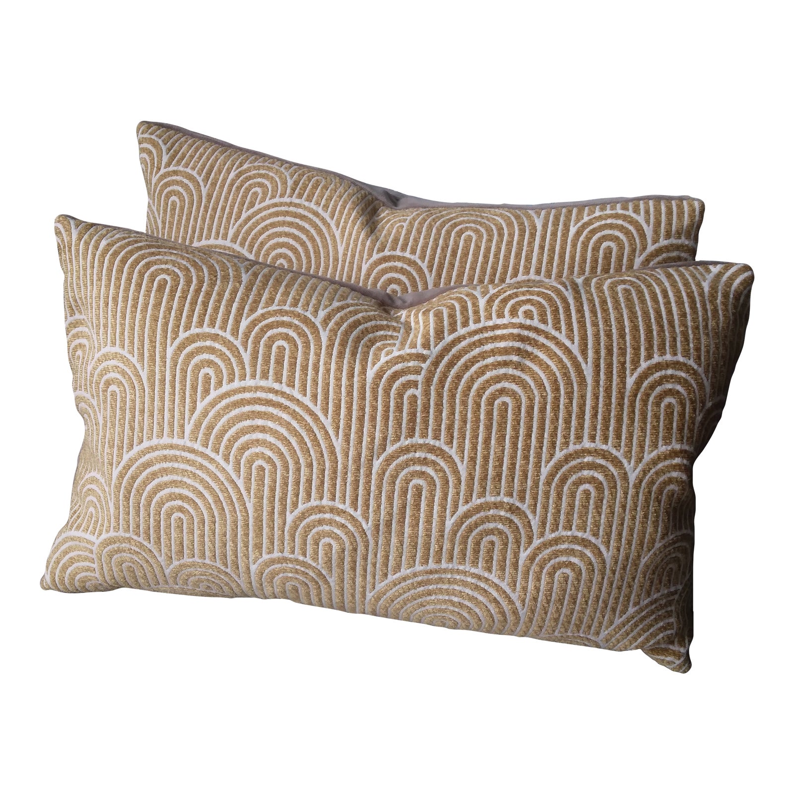 Art Deco Geometric Jacquard Chenille Pillows in Gold - a Pair | Chairish