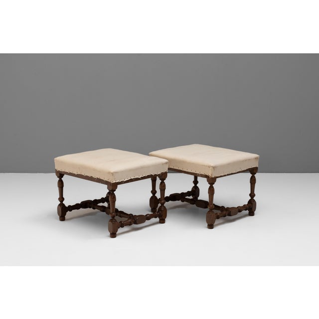 Wood Vintage French Stools in Walnut, 1920s, Set of 2 For Sale - Image 7 of 7