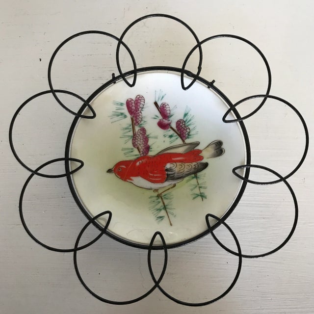 1940s 1940s Framed Hand Painted Birds on Porcelain Plates in Floral Pattern Wire Frame - Set of 3 For Sale - Image 5 of 13