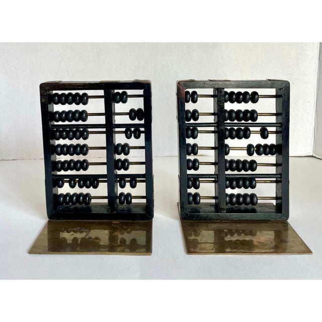 Vintage Hong Kong Brass & Black Abacus Bookends With Movable Wood Beads For Sale In Los Angeles - Image 6 of 10