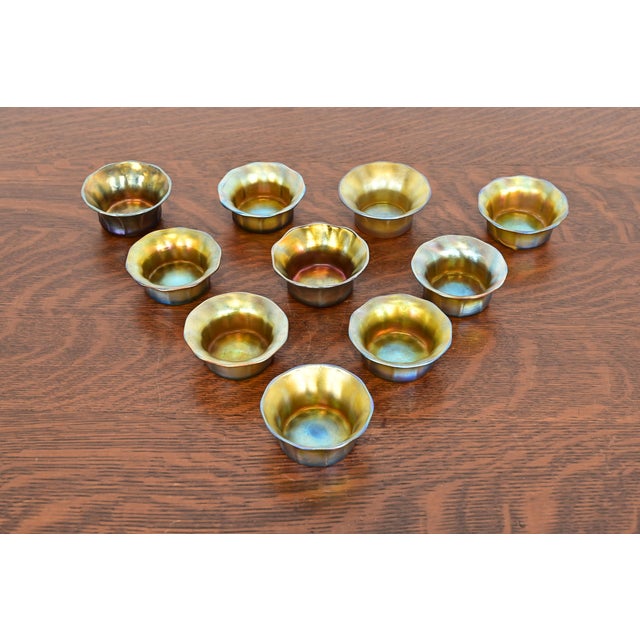 Gold Louis Comfort Tiffany Favrile Iridescent Art Glass Salt Cellars, Pair For Sale - Image 8 of 9