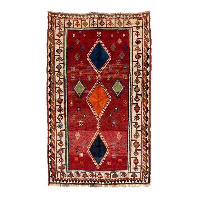 4 X 7 Room Size Persian Shiraz Wool Rug in Red With Tribal Motif For Sale