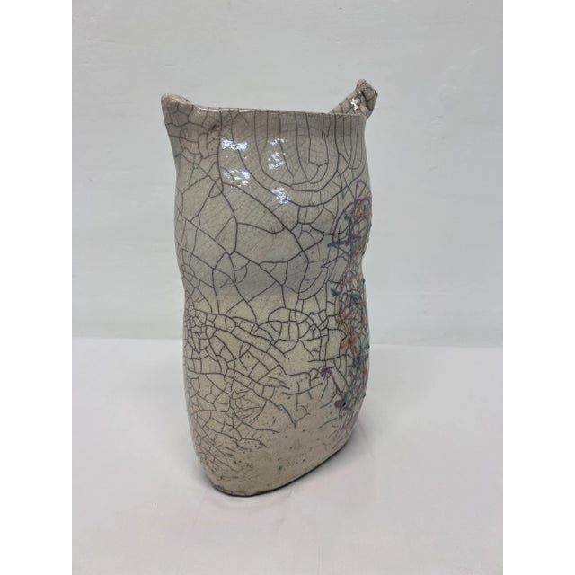 Ceramic Postmodern Crackled Glaze Studio Pottery Vase With Colorful Design, 1980s For Sale - Image 7 of 11