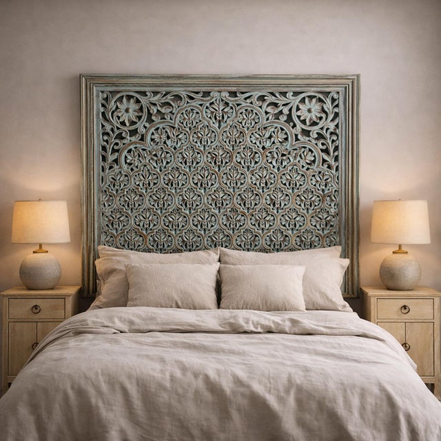 Mid 20th Century Vintage Sky Blue Carved India Panel / Headboard 60" For Sale - Image 5 of 5