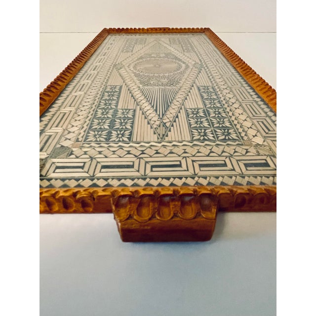 Mid 20th Century Greek Folk Art Straw Marquetry Protected Glass Serving Tray For Sale In Boise - Image 6 of 7