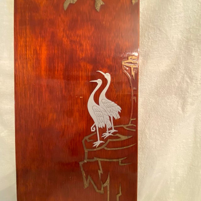 Japanese Crane Waves and Moon Brass and Silver Inlay Japanese Lacquer Wall Plaque Panel For Sale - Image 3 of 7