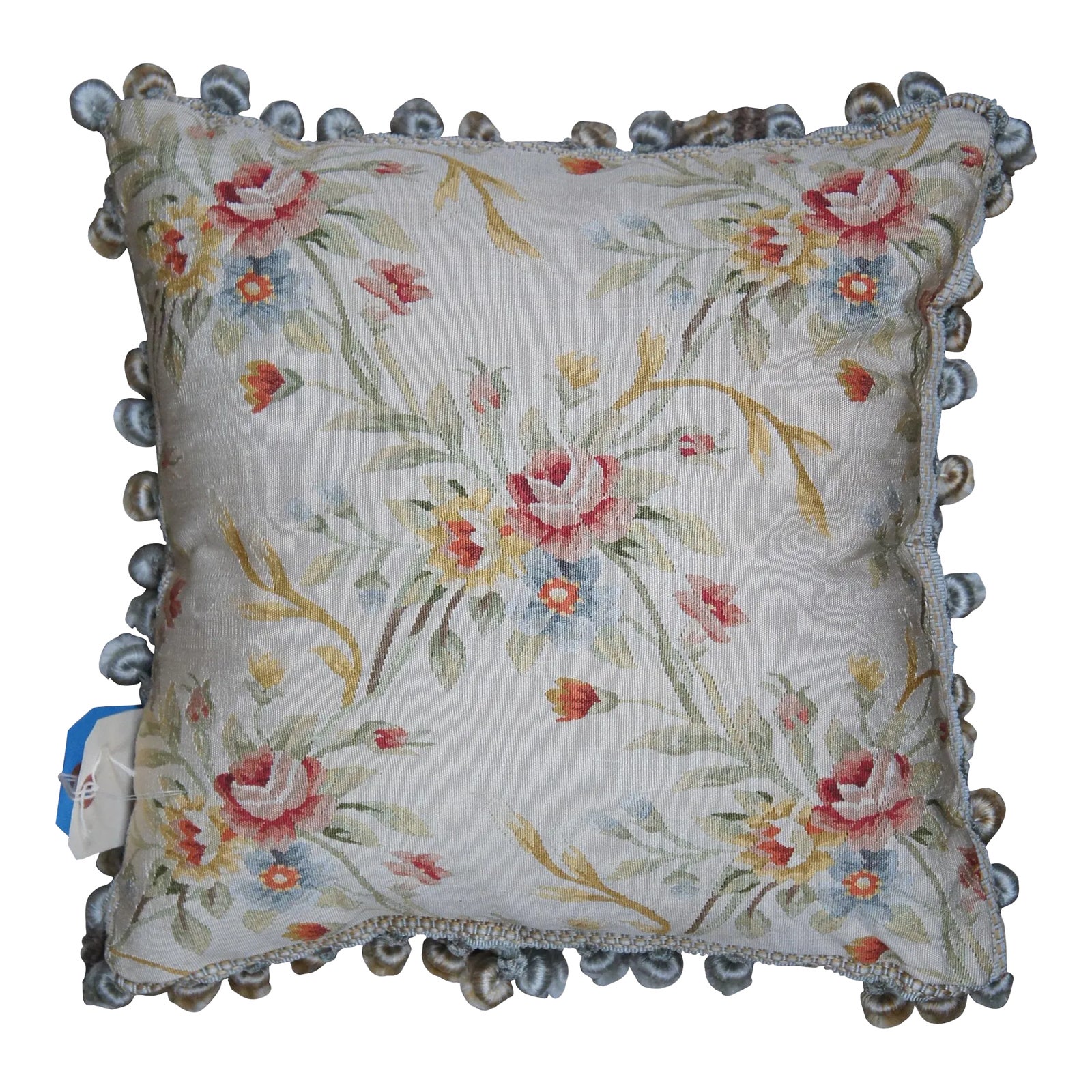 Mid 20th Century Silk Down Filled Floral Embroidered Tassel Lumbar
