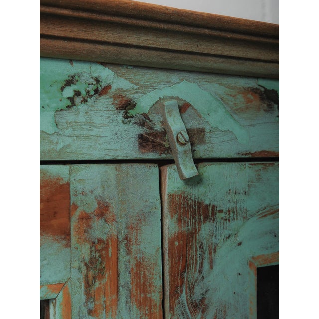 Late 20th Century Late 20th Century Weathered Green Painted Wood Cabinet With Glazed Doors and Brass Hardware For Sale - Image 5 of 7