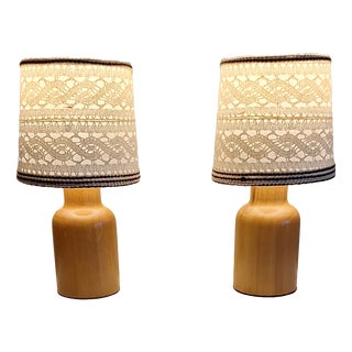 Vintage Bedside Lamps with Yellow-Brown Yew Wood Base and Fabric Shade from Lamplove, 1980s, Set of 2 For Sale
