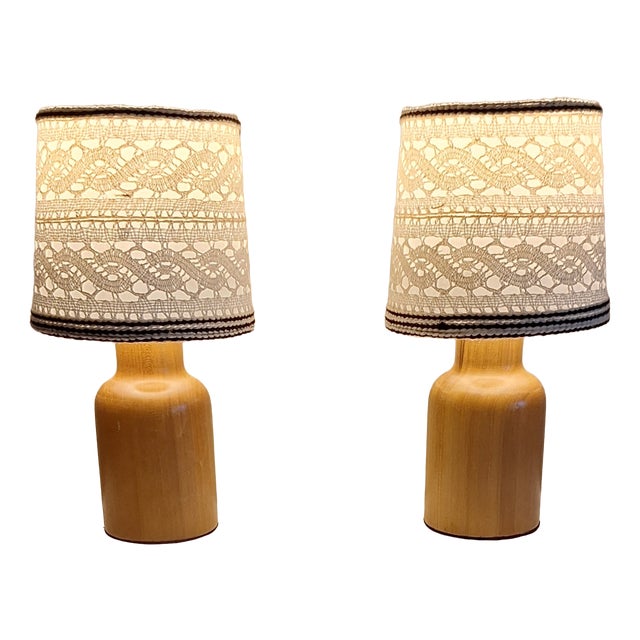 Vintage Bedside Lamps with Yellow-Brown Yew Wood Base and Fabric Shade from Lamplove, 1980s, Set of 2 For Sale