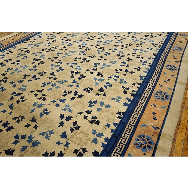 Majestic Ivory and Blue Color With Leaves and Flower Design Antique Chinese Peking Rug For Sale - Image 4 of 6