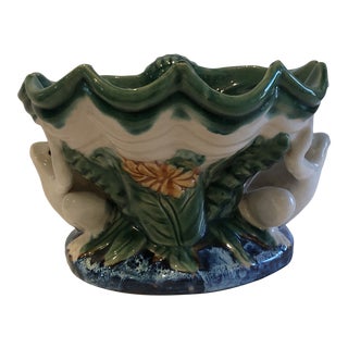 Vintage Mid 20th Century Majolica Frog Pedestal Bowl For Sale