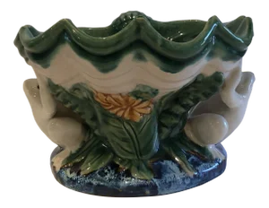 Vintage Mid 20th Century Majolica Frog Pedestal Bowl