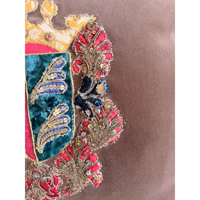 Pair of Velvet Pillows With 19th Century Metallic & Silk Embroidered Crests For Sale - Image 9 of 11