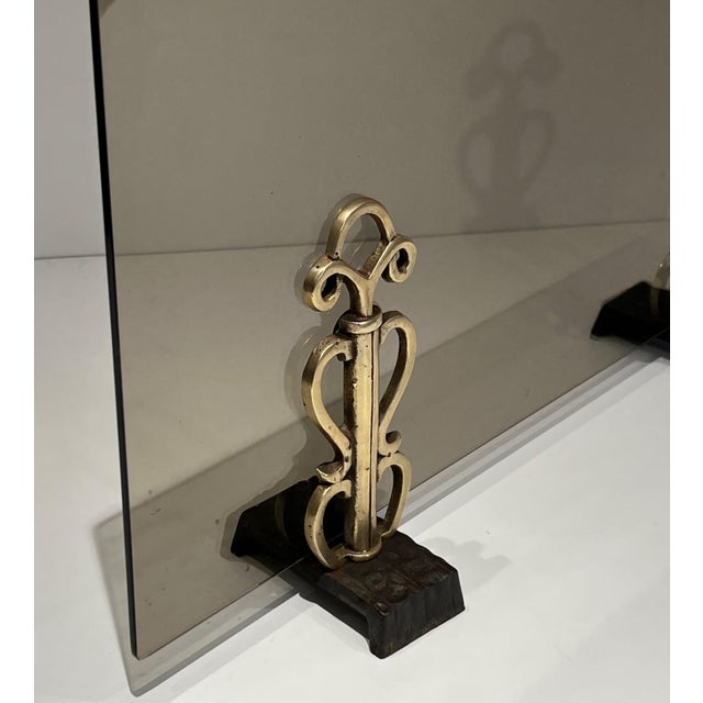 Metal Modernist Smoked Glass and Bronze Fire Screen in the Style of Raymond Subes For Sale - Image 7 of 12