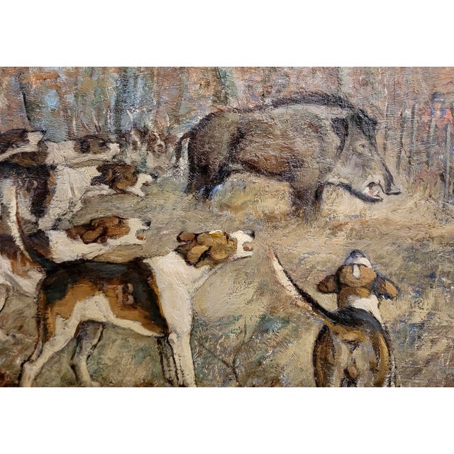 Charles Perrin-Wild Boar Hunting With Dogs -1920s Sporting Oil Painting For Sale - Image 4 of 9