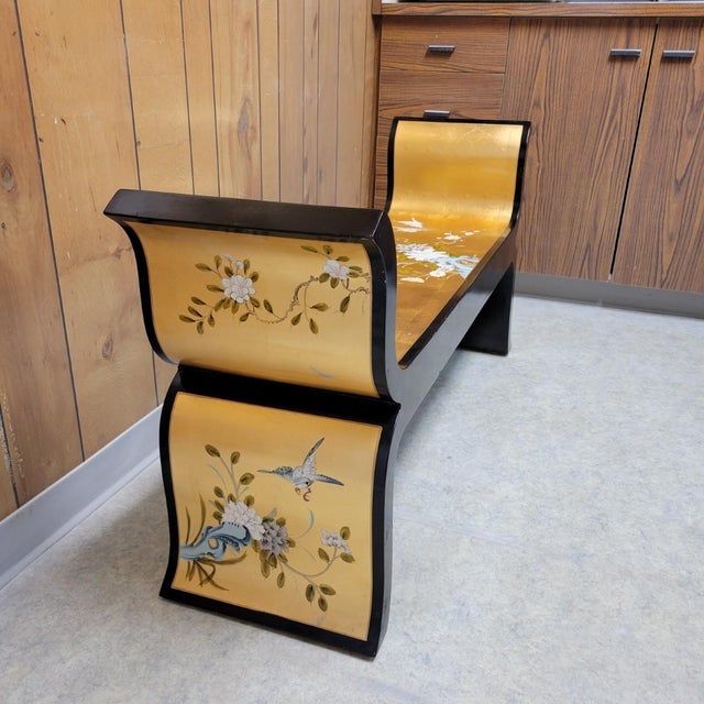 Hollywood Regency Black Lacquer & Gold Leaf Chinoiserie Bench For Sale - Image 4 of 11