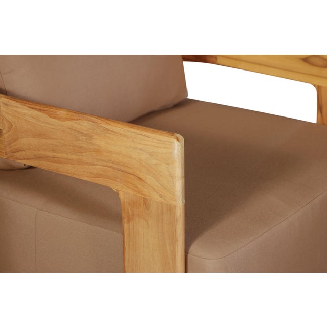 Eclipse Outdoor Solid Teak Wood Revolving Chair - Light Brown Fabric For Sale - Image 11 of 12