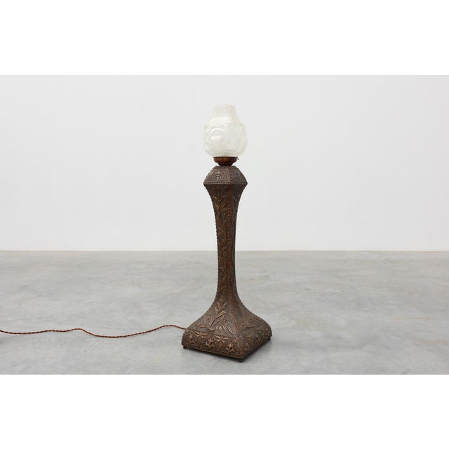 Gray Art Nouveau Floor Lamp in Hammered Copper with Frosted Glass Hood, 1890s For Sale - Image 8 of 15
