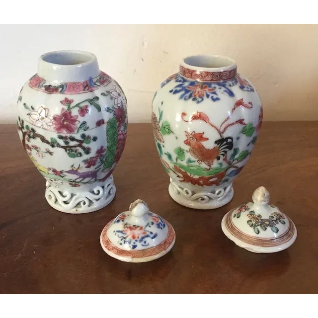 Chinoiserie Antique 18th Century Chinese Export Porcelain Tea Caddies Decorated with Rooster and Deer in Famille Rose - A Pair For Sale - Image 3 of 13