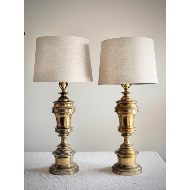 Brass Substantially Large 32” Vintage Pair of Stiffel Solid Brass Hollywood Regency Urn Table Lamps With 10” Linen Shades For Sale - Image 8 of 12