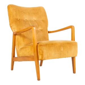 1960s Yellow Velvet American Midcentury Armchair in the Style of Jens Risom