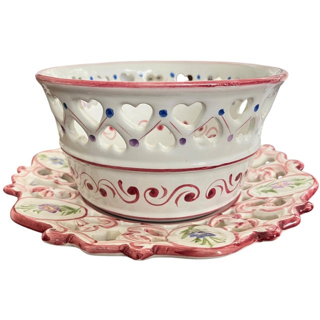 Bunny Williams Home Vintage Hand-Painted Portuguese Cachepot and Reticulated Underplate in the Style of Herend For Sale - Image 4 of 11