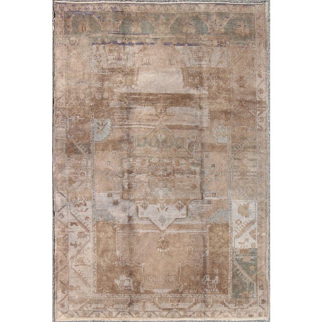 Vintage Turkish Oushak Rug in Faded Beige, Dusty Taupe, and Weathered Blue For Sale - Image 11 of 11