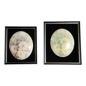 Pair of 1940s Framed Painted Porcelain Ovals on Velvet