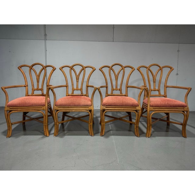 Brown Vintage Rattan Fan Back Dining Chairs With Arms — Set of 4 | Palm Beach Regency For Sale - Image 8 of 9