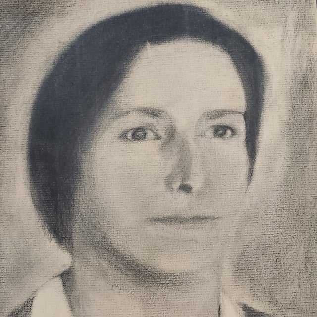 Realism Vintage Mid-Century Modernist Charcoal Portrait on Canvas Board – Framed For Sale - Image 3 of 8