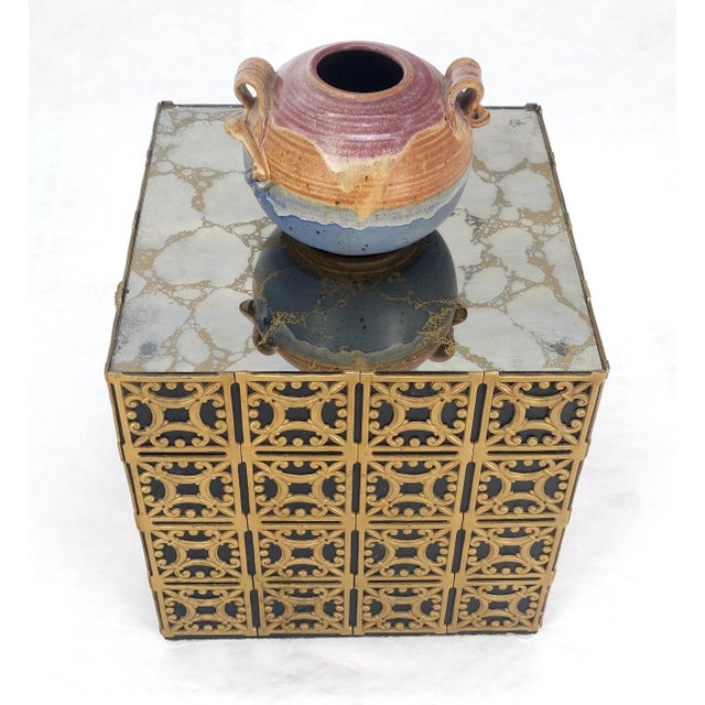 Black Decorative Brass Pattern Shaped Cube Base Side Table w/ Smoke Mirrored Top MINT For Sale - Image 8 of 13