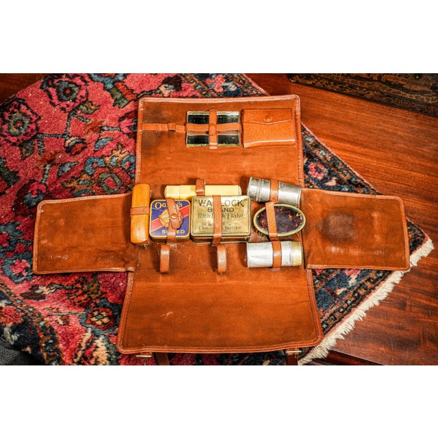 Animal Skin Stately English Antique Leather Suede Case With Tins Home Decor Prop For Sale - Image 7 of 16