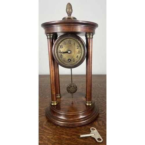 Vintage French Style Oak Column Mantel Clock For Sale - Image 3 of 13