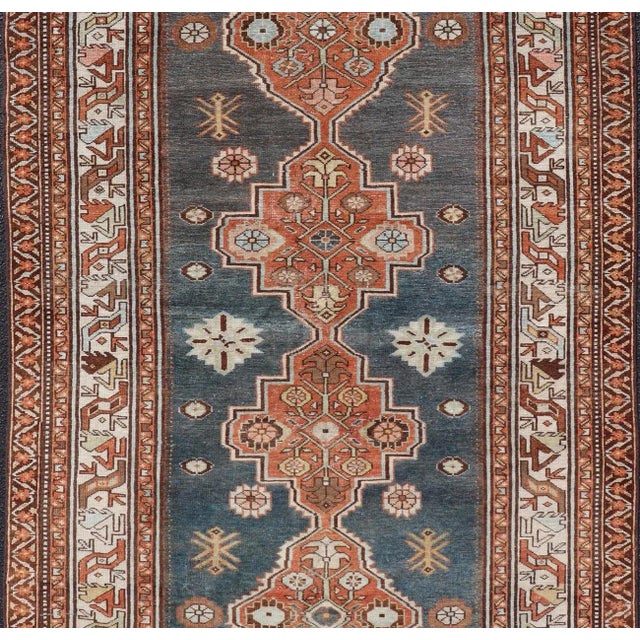 Tribal Antique Persian Hamadan Rug With Central Sub-Geometric Medallion in Blue-Gray For Sale - Image 3 of 11