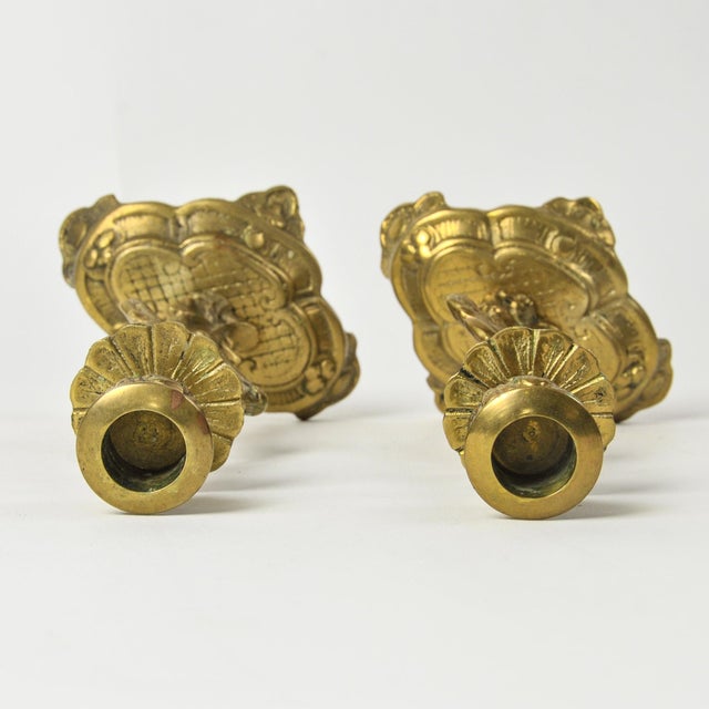 Art Nouveau Style Vintage Brass Crane Candlestick Pair For Sale - Image 9 of 12