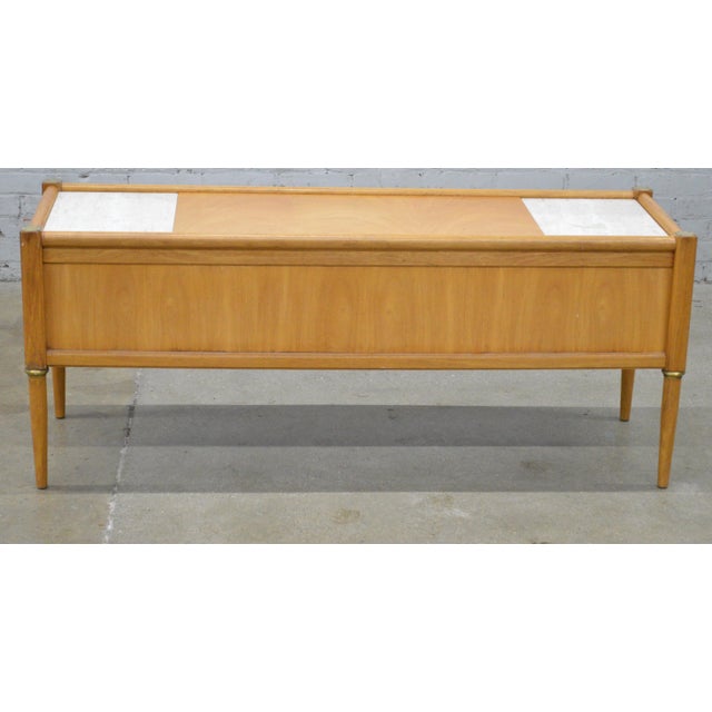 Beautiful MCM Wood Italian Travertine Top Inserts Brass Trim Low Top Credenza Console Cabinet. It is used in good...