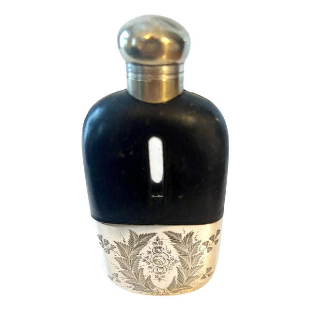 Glass Flask with Etched Silver Plate Base and Leather Top For Sale