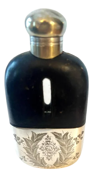 Glass Flask with Etched Silver Plate Base and Leather Top
