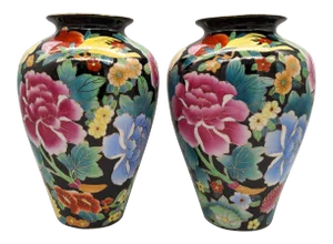 Mid 20th Century Chinese Famille Noir Style Floral Motif Vases - a Pair