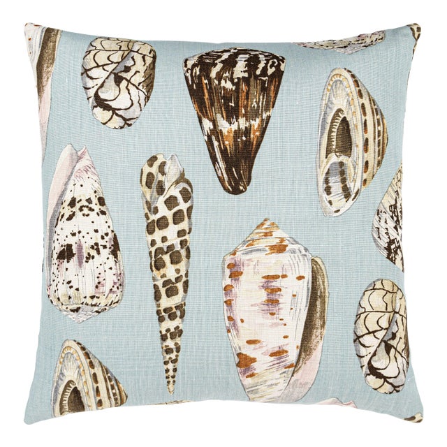 Scalamandre 22" x 22" Coquina Linen Print Pillow in Multi On Sea Blue For Sale